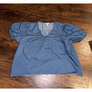 Draper James Heidi V-neck Cotton Puff Sleeve Chambray Top XXL